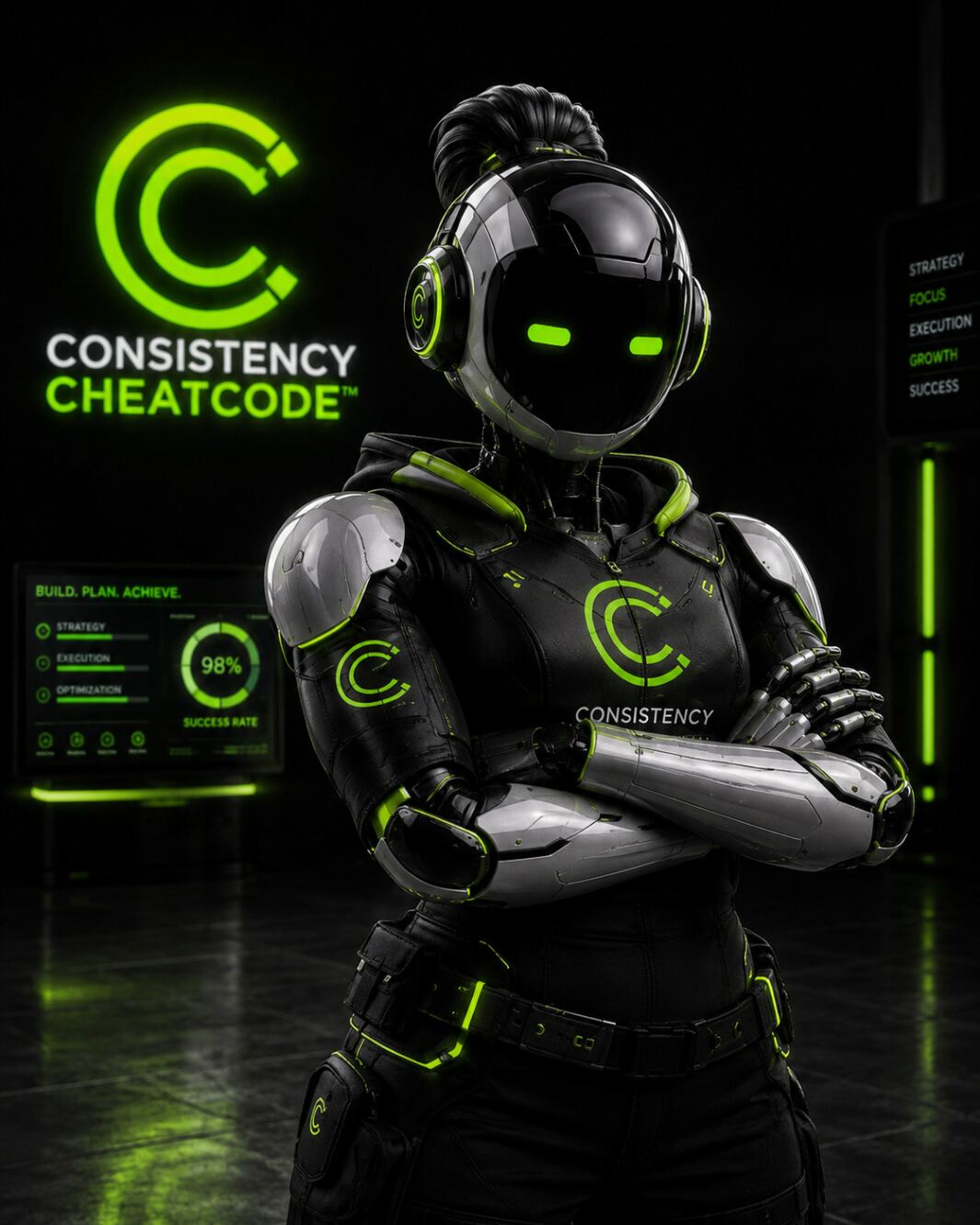Consistency Cheatcode robotic builder character standing with crossed arms