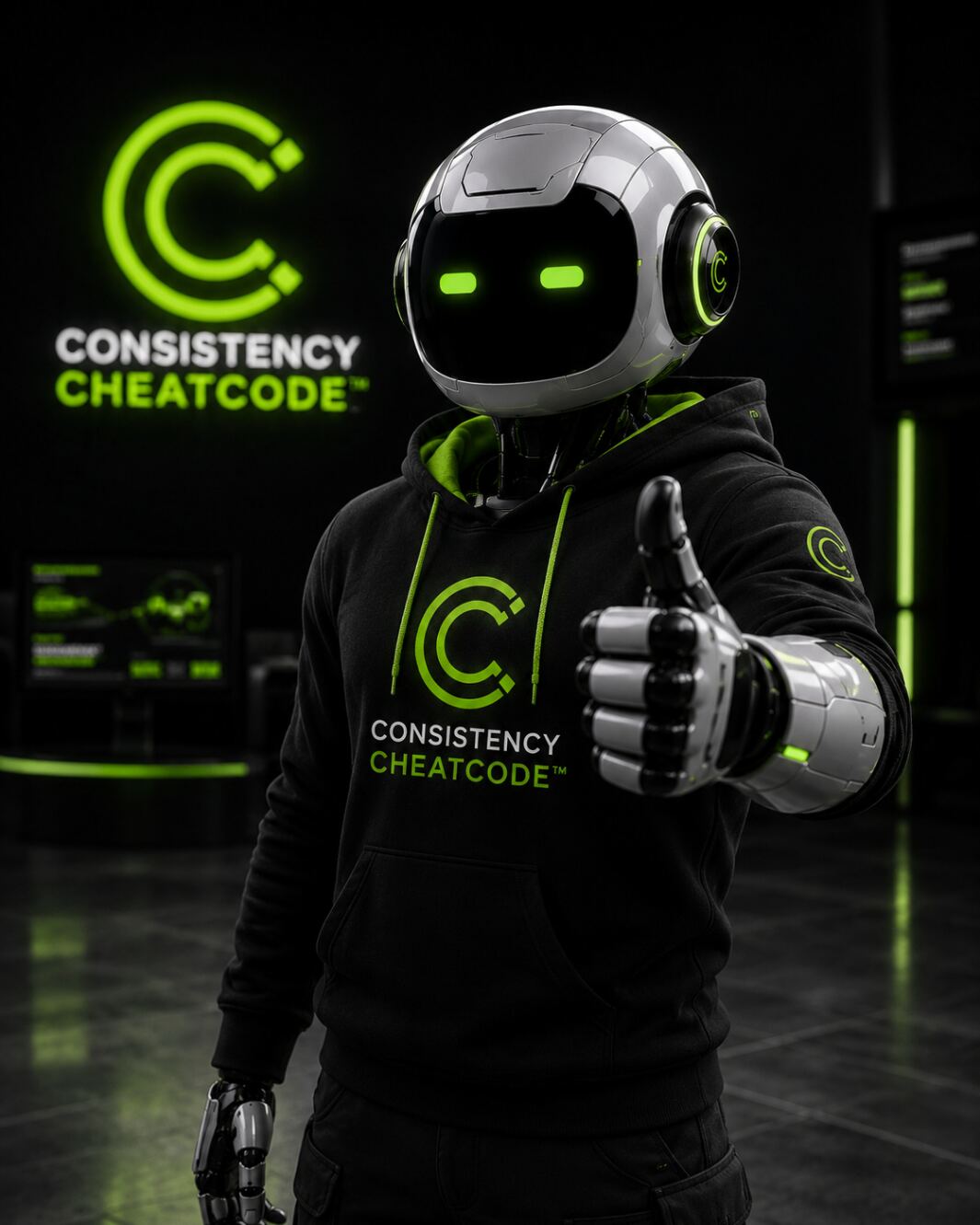 Consistency Cheatcode robot character giving a thumbs up